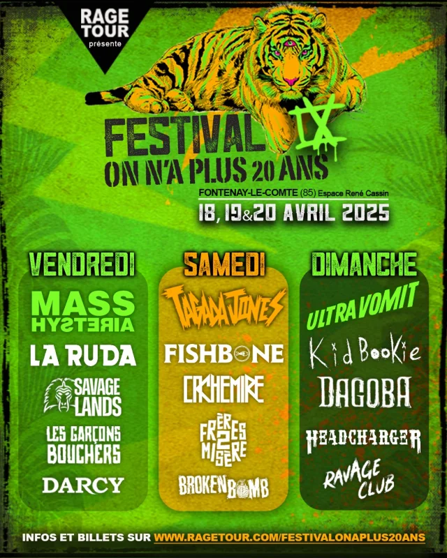 Programmation Festival On n'a plus 20 ans 2025 Fontenay-le-Comte en Vendee avec Tagada Jones, Mass Hysteria, Ultra Vomit, ...